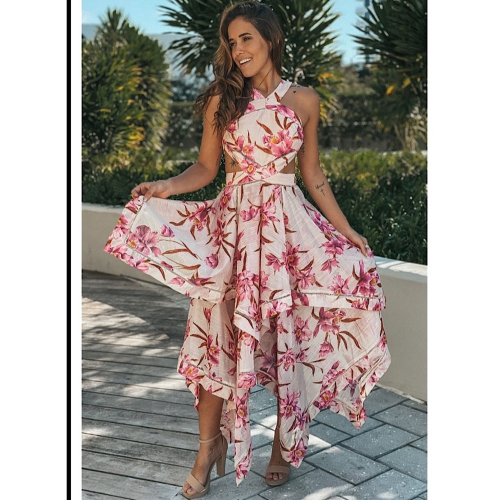 L’Atiste Pink Floral Cut Out High Low Dress